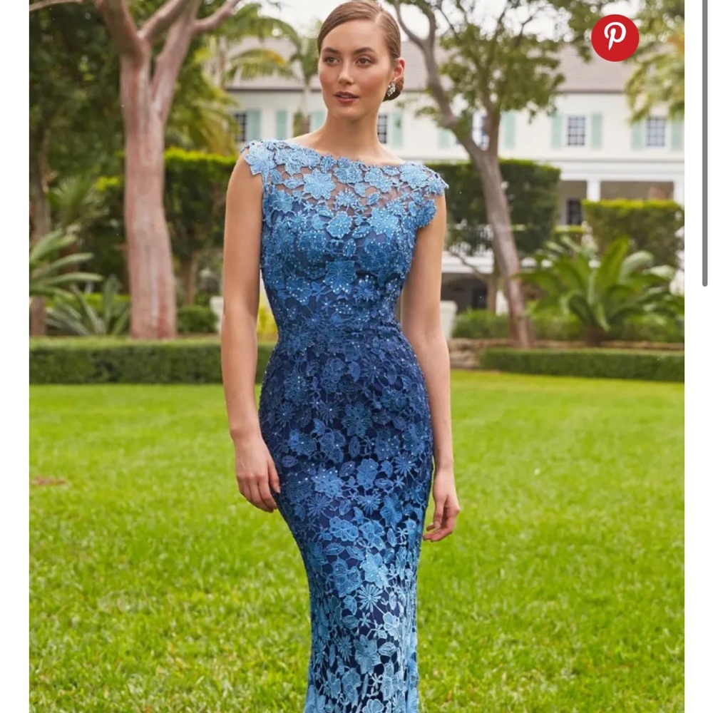 NWT Mon Cheri Montage Blue Floral Lace Dress